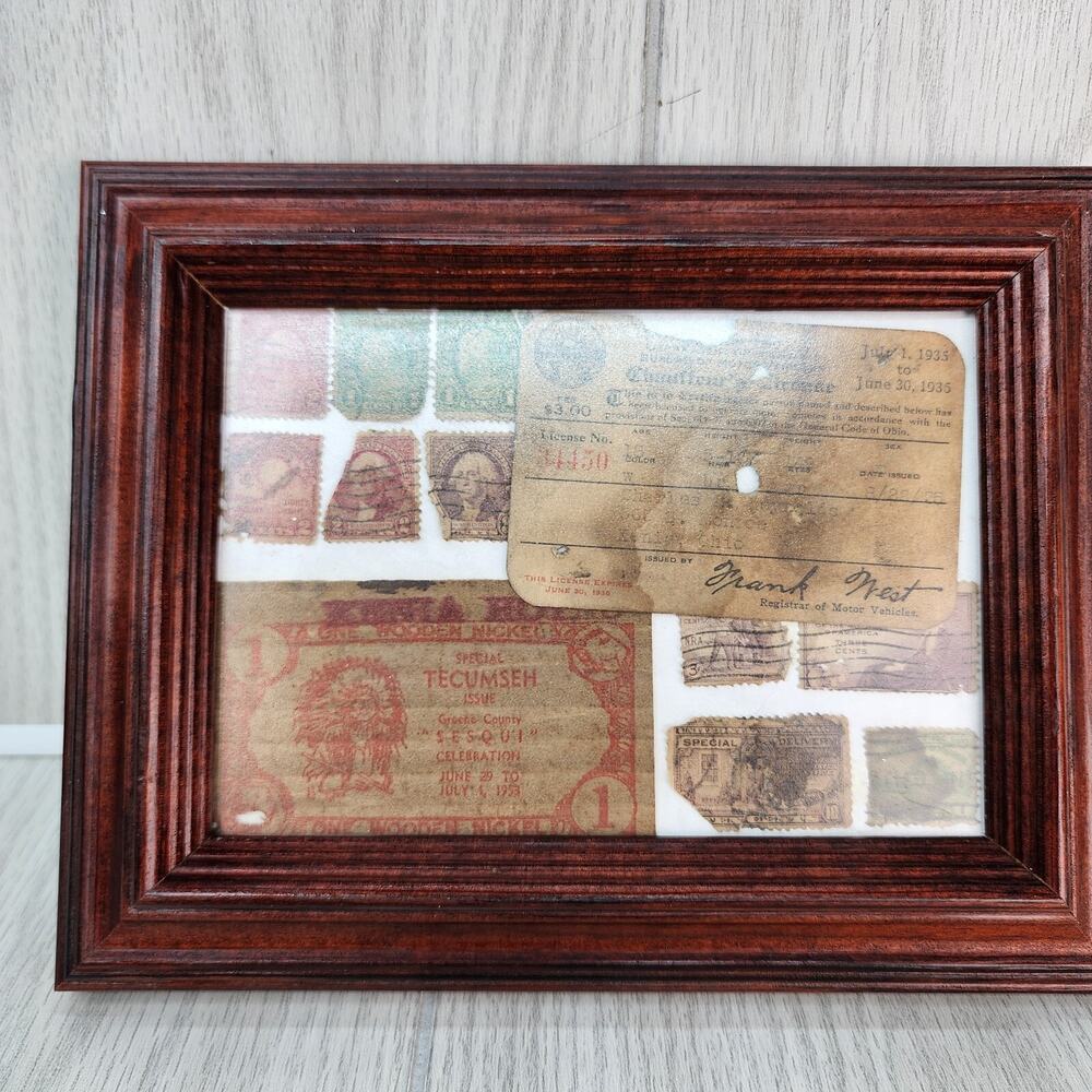 Vintage Framed Ephemera 1936 Chauffeur License Stamps Greene County OH + Nickel